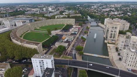 Antigone-neighbourhood-of-Montpellier-aerial-drone-view-river-le-Lez.-Cloudy-day